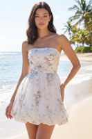 Load image into Gallery viewer, Strapless Ivory Floral A Line Short Beach Wedding Dress