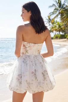 Strapless Ivory Floral A Line Short Beach Wedding Dress