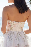 Load image into Gallery viewer, Strapless Ivory Floral A Line Short Beach Wedding Dress