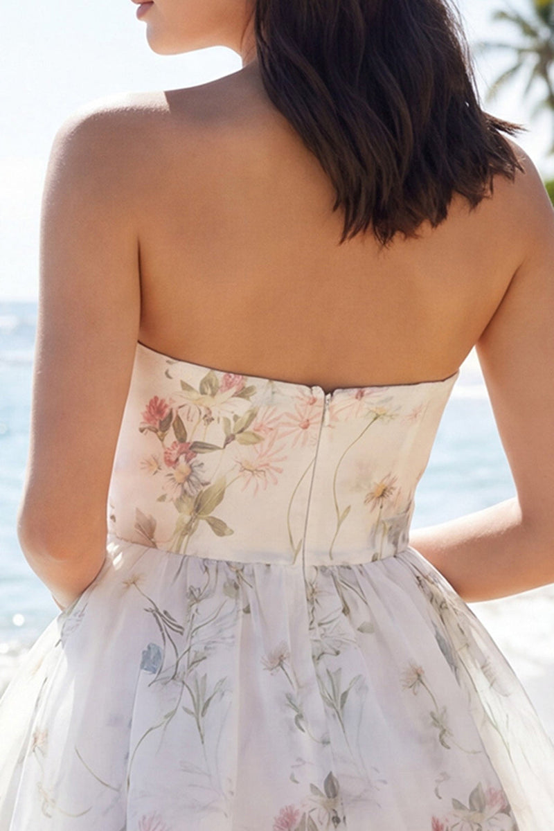 Load image into Gallery viewer, Strapless Ivory Floral A Line Short Beach Wedding Dress