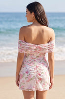 Load image into Gallery viewer, Lace Off the Shoulder Floral Short Light Pink Graduation Dress