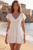 Load image into Gallery viewer, V-Neck Ivory A Line Short Beach Wedding Dress with Ruffles