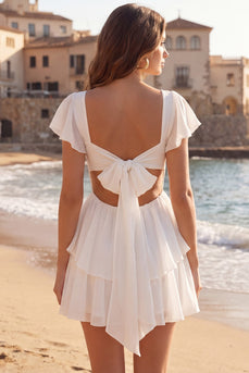 V-Neck Ivory A Line Short Beach Wedding Dress with Ruffles