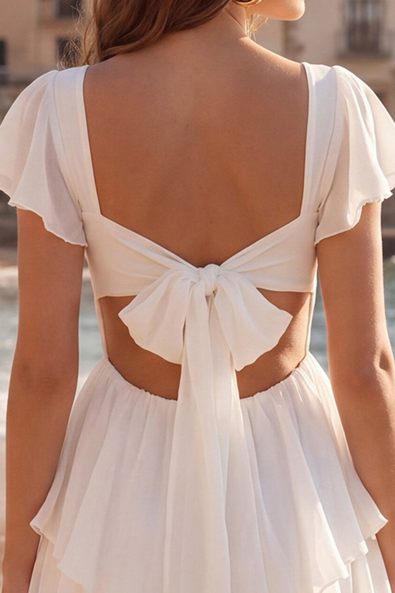 Load image into Gallery viewer, V-Neck Ivory A Line Short Beach Wedding Dress with Ruffles