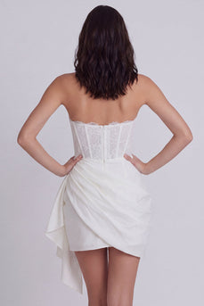Strapless Ruched Corset Short Ivory Beach Wedding Dress with Sash