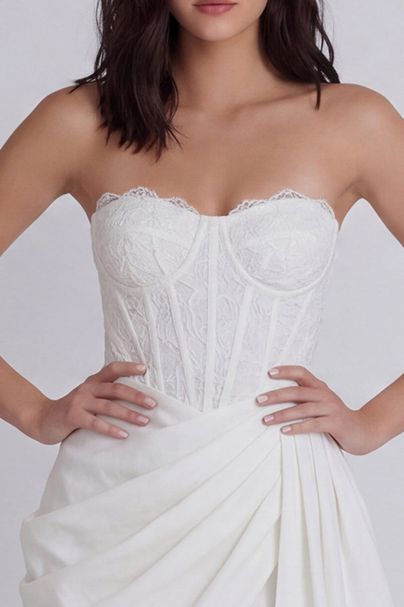 Load image into Gallery viewer, Strapless Ruched Corset Short Ivory Beach Wedding Dress with Sash