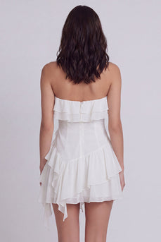 A Line Strapless Short Ivory Beach Wedding Dress with Ruffles