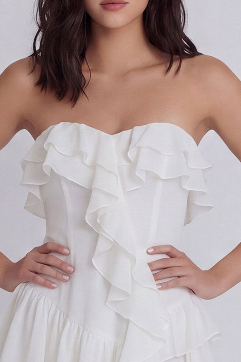 Load image into Gallery viewer, A Line Strapless Short Ivory Beach Wedding Dress with Ruffles