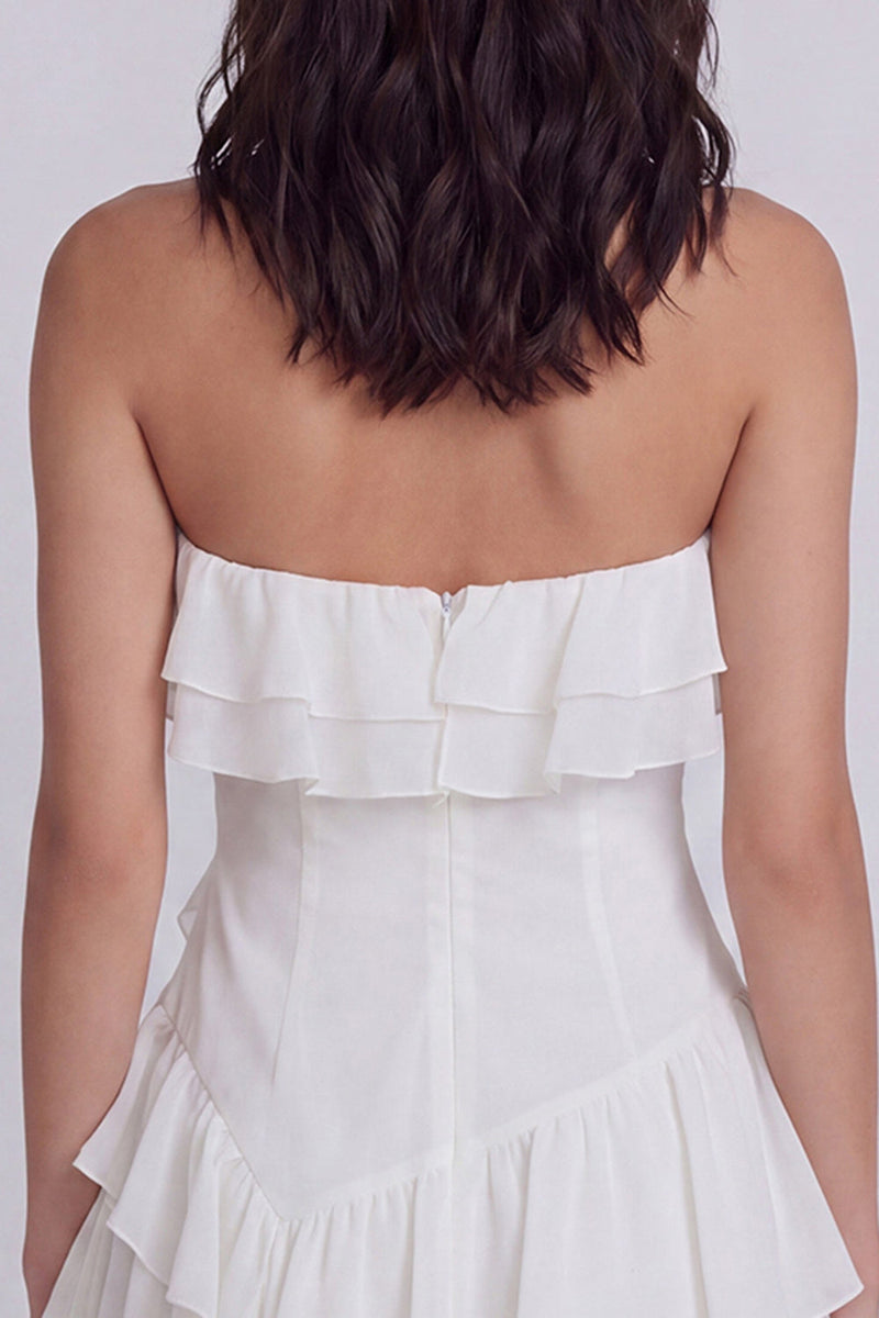 Load image into Gallery viewer, A Line Strapless Short Ivory Beach Wedding Dress with Ruffles