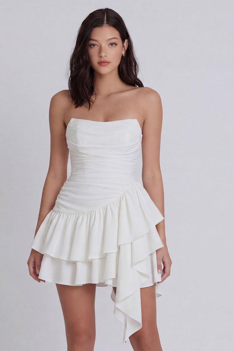 Load image into Gallery viewer, Ruched A Line Short Strapless Ivory Beach Wedding Dress with Ruffles