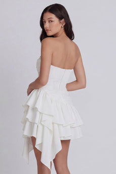 Ruched A Line Short Strapless Ivory Beach Wedding Dress with Ruffles