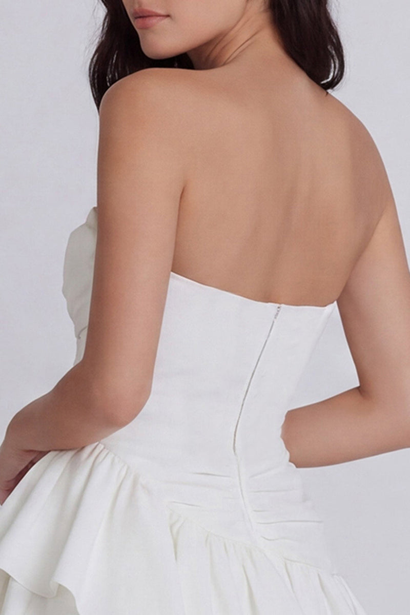 Load image into Gallery viewer, Ruched A Line Short Strapless Ivory Beach Wedding Dress with Ruffles