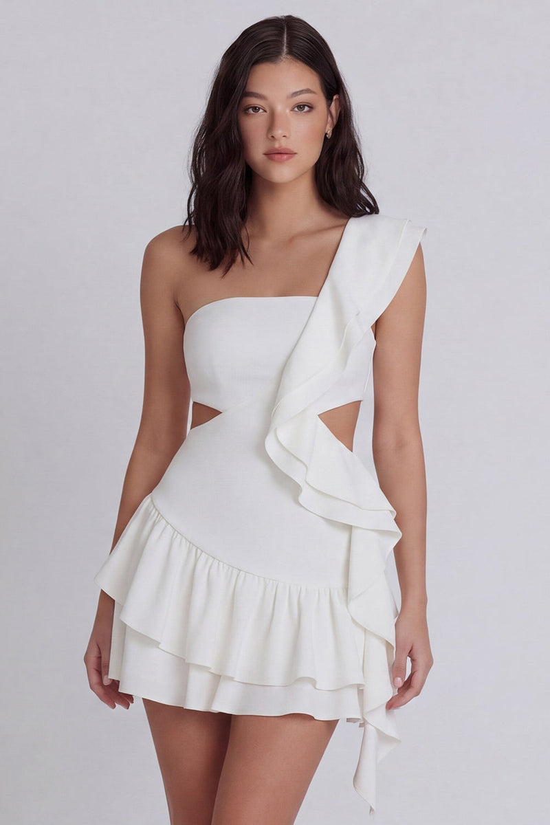 Load image into Gallery viewer, Ivory Cut Out One Shoulder A Line Short Beach Wedding Dress with Ruffles