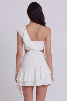 Ivory Cut Out One Shoulder A Line Short Beach Wedding Dress with Ruffles