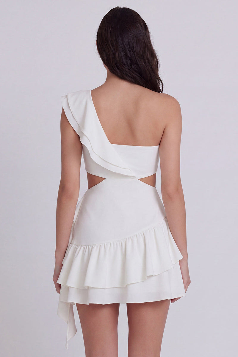 Load image into Gallery viewer, Ivory Cut Out One Shoulder A Line Short Beach Wedding Dress with Ruffles