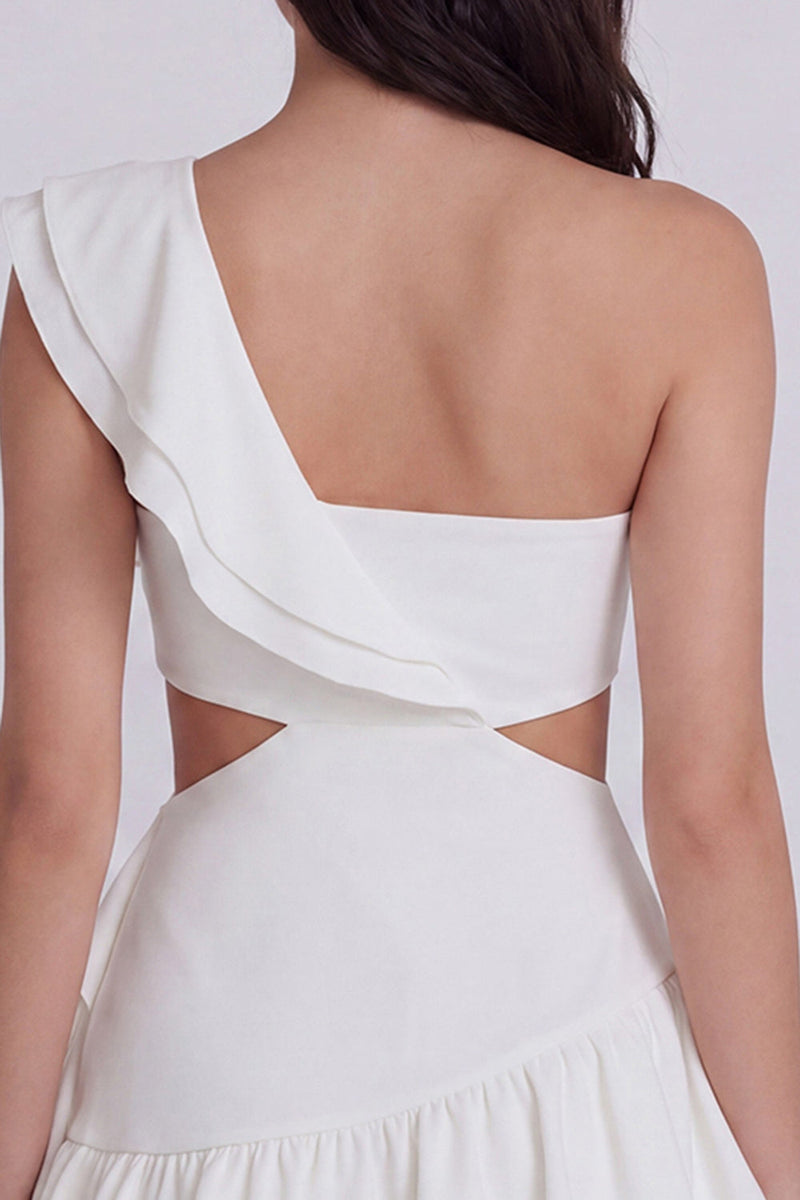 Load image into Gallery viewer, Ivory Cut Out One Shoulder A Line Short Beach Wedding Dress with Ruffles