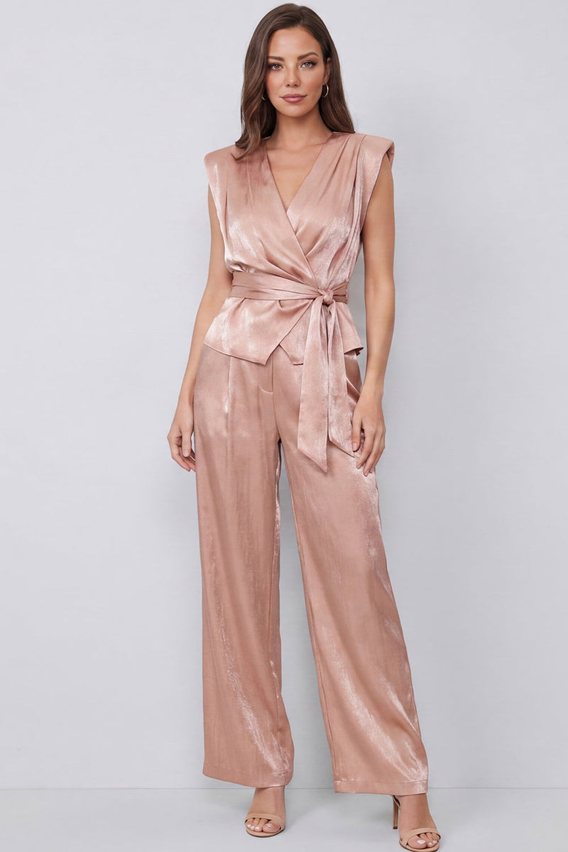 Load image into Gallery viewer, Dusty Rose V-Neck Ruched 2 Piece Wide Leg Business Suits