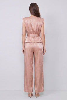 Dusty Rose V-Neck Ruched 2 Piece Wide Leg Business Suits