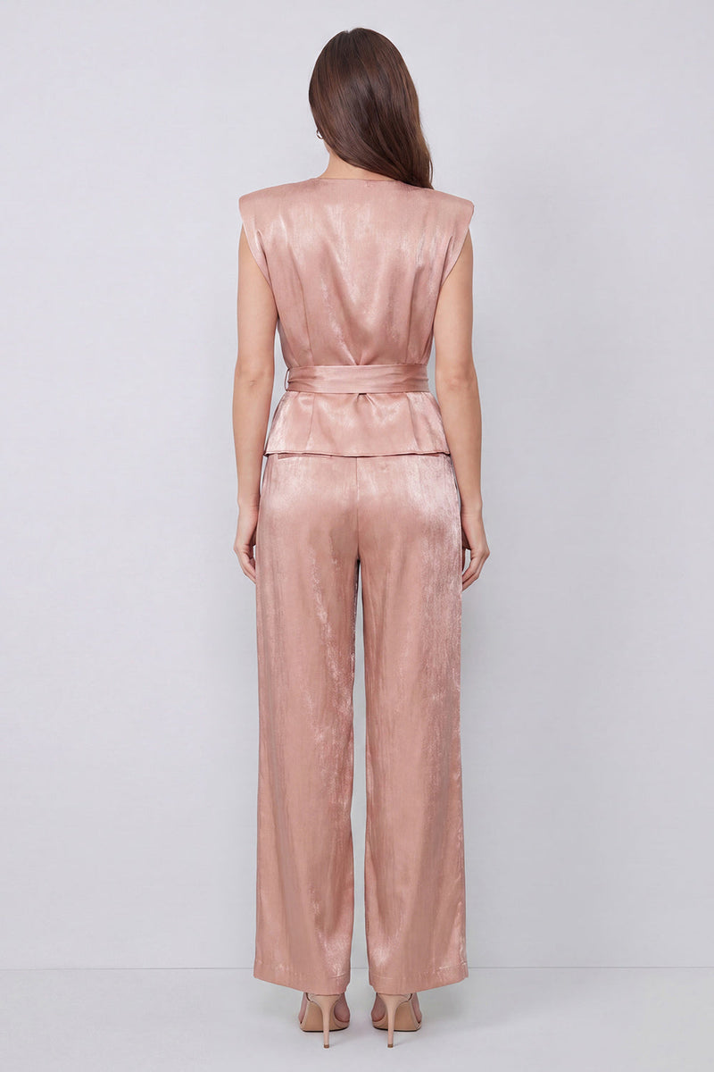 Load image into Gallery viewer, Dusty Rose V-Neck Ruched 2 Piece Wide Leg Business Suits