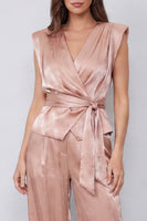 Load image into Gallery viewer, Dusty Rose V-Neck Ruched 2 Piece Wide Leg Business Suits