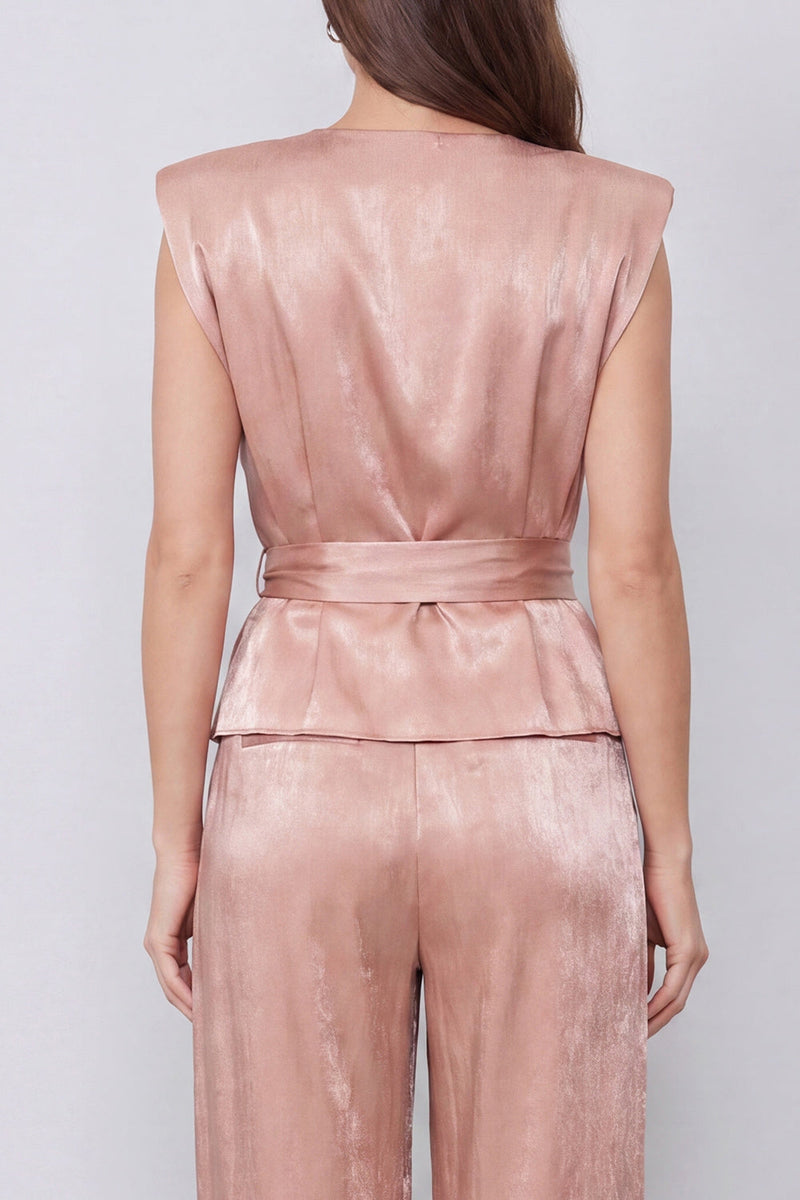 Load image into Gallery viewer, Dusty Rose V-Neck Ruched 2 Piece Wide Leg Business Suits