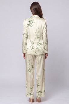 Light Green Notched Lapel Leaves Print 2 Piece Long Sleeves Single Breasted Business Suits