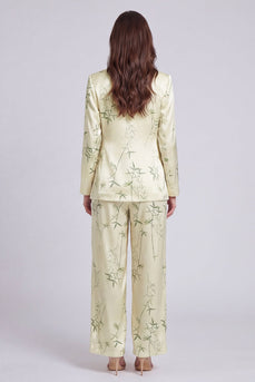 Light Green 2 Piece Notched Lapel Leaves Print Long Sleeves Business Suits