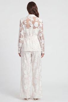 Ivory Floral 2 Piece Notched Lapel Long Sleeves Lace Business Suits