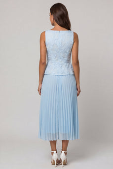 Floral Sky Blue 2 Piece Single Breasted Long Work Dress with Pleats