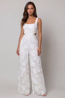 Load image into Gallery viewer, Floral Square Neck Ivory Cut Out Wide Leg Lace Work Jumpsuits