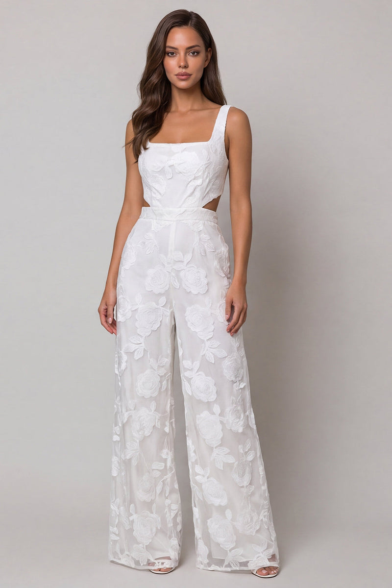 Load image into Gallery viewer, Floral Square Neck Ivory Cut Out Wide Leg Lace Work Jumpsuits