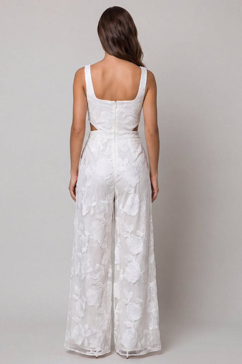 Load image into Gallery viewer, Floral Square Neck Ivory Cut Out Wide Leg Lace Work Jumpsuits