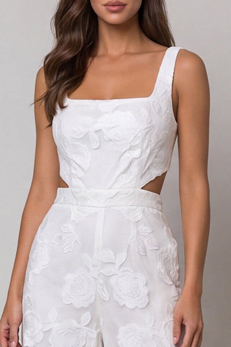 Load image into Gallery viewer, Floral Square Neck Ivory Cut Out Wide Leg Lace Work Jumpsuits