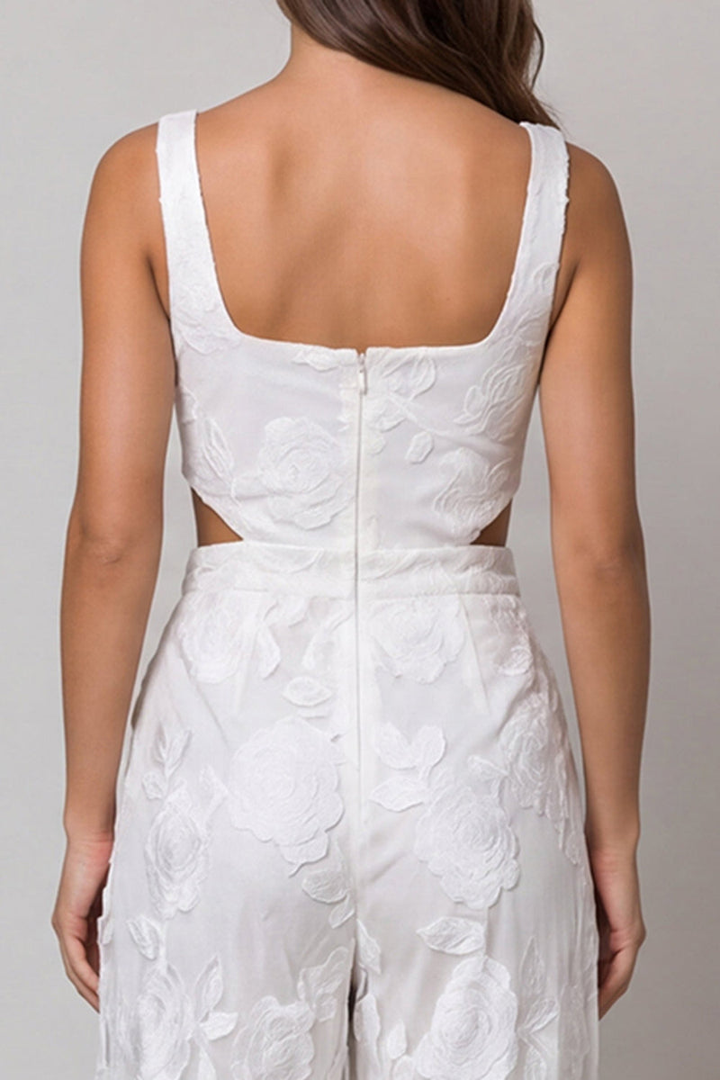 Load image into Gallery viewer, Floral Square Neck Ivory Cut Out Wide Leg Lace Work Jumpsuits