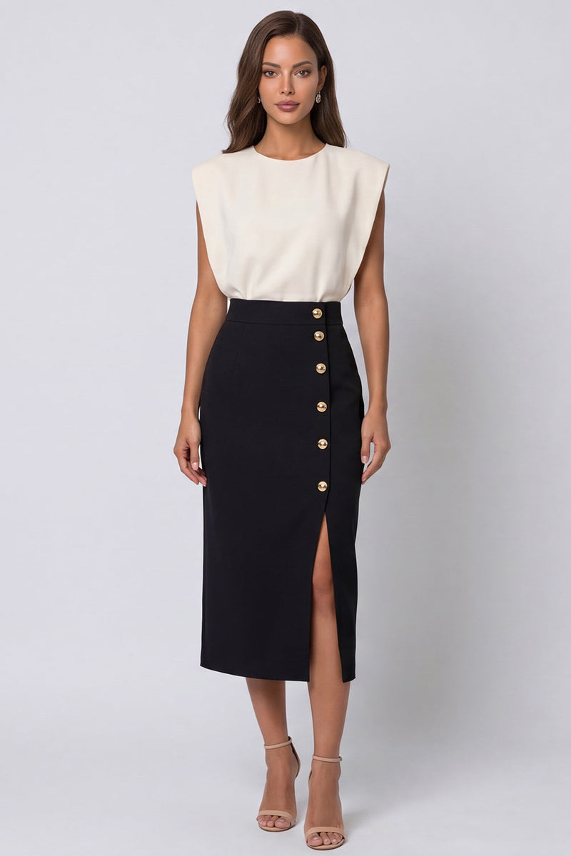 Load image into Gallery viewer, Pencil Ivory and Black Patchwork Color Block Midi Work Dress with Slit