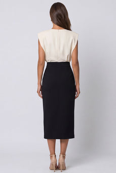 Pencil Ivory and Black Patchwork Color Block Midi Work Dress with Slit
