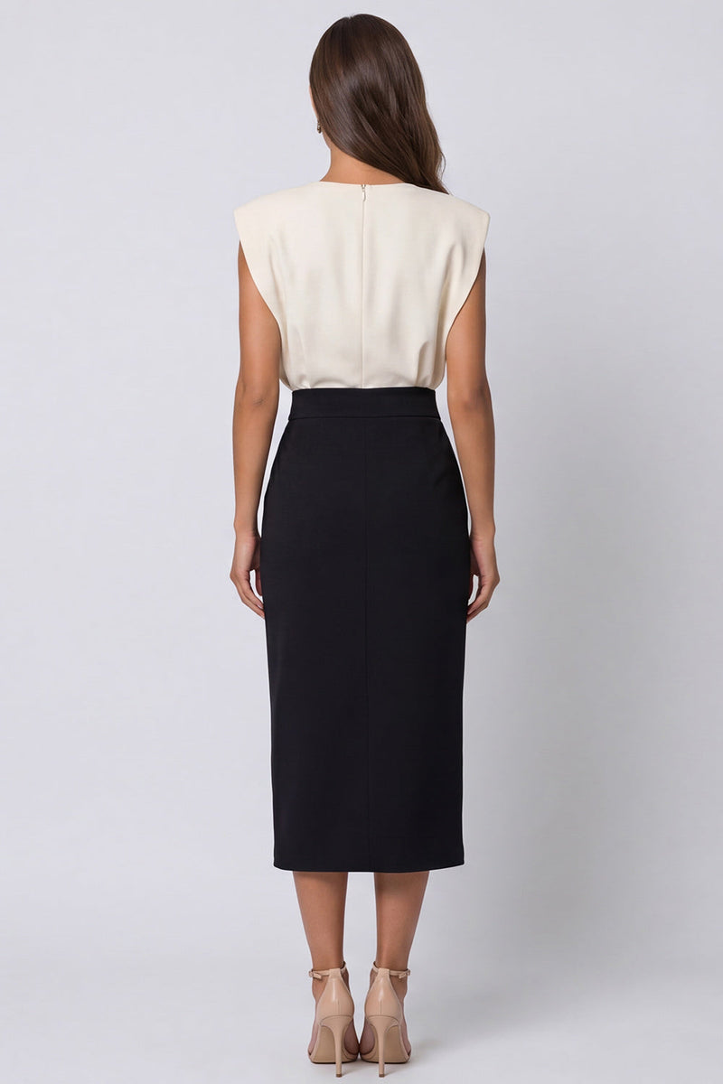 Load image into Gallery viewer, Pencil Ivory and Black Patchwork Color Block Midi Work Dress with Slit