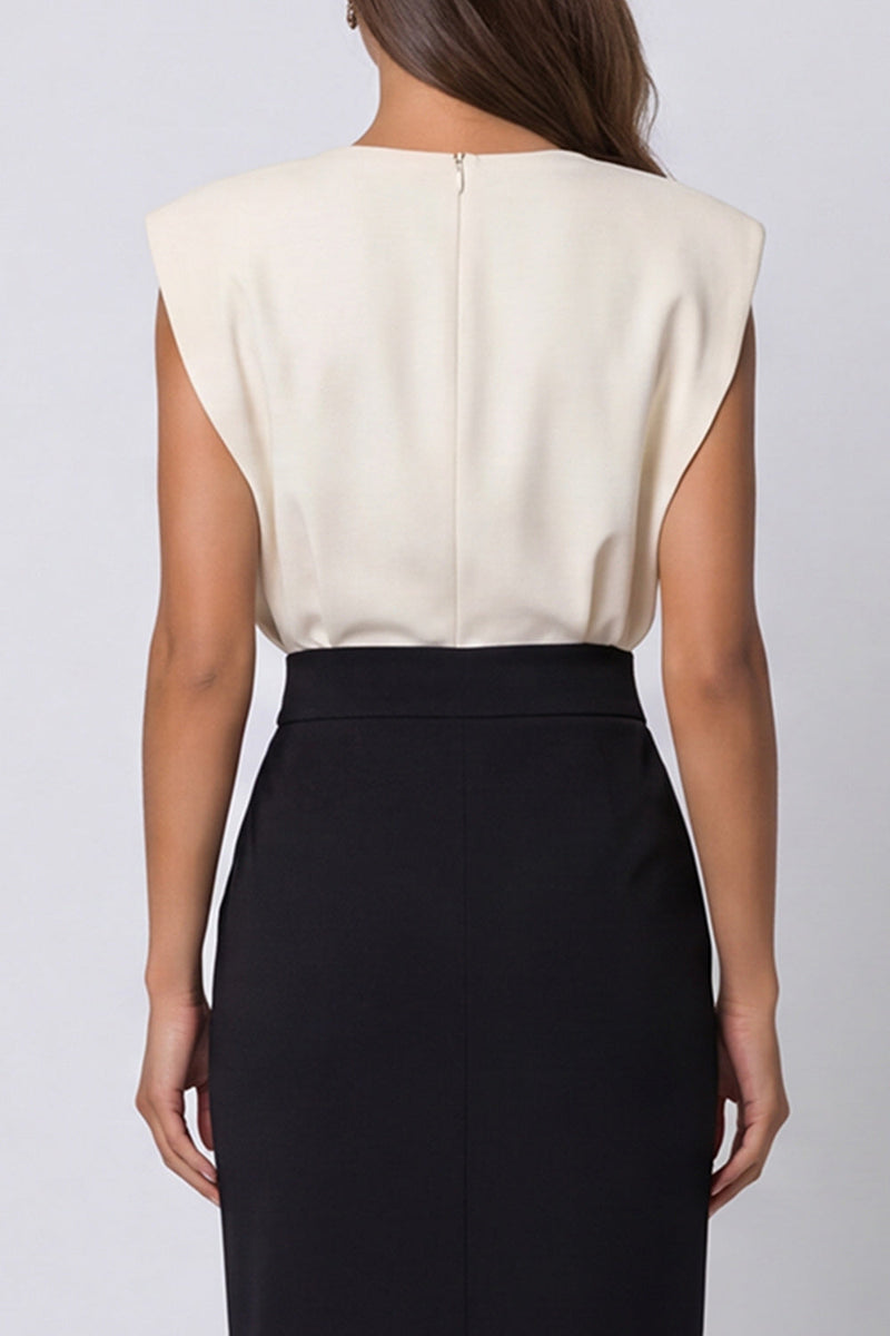 Load image into Gallery viewer, Pencil Ivory and Black Patchwork Color Block Midi Work Dress with Slit