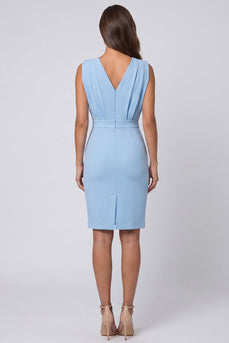 Pencil Sky Blue V-Neck Ruched Short Work Dress