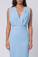 Load image into Gallery viewer, Pencil Sky Blue V-Neck Ruched Short Work Dress