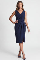 Load image into Gallery viewer, Navy Ruched V-Neck Pencil Midi Work Dress with Slit