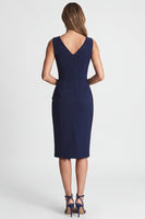 Load image into Gallery viewer, Navy Ruched V-Neck Pencil Midi Work Dress with Slit
