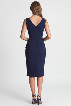 Navy Ruched V-Neck Pencil Midi Work Dress with Slit