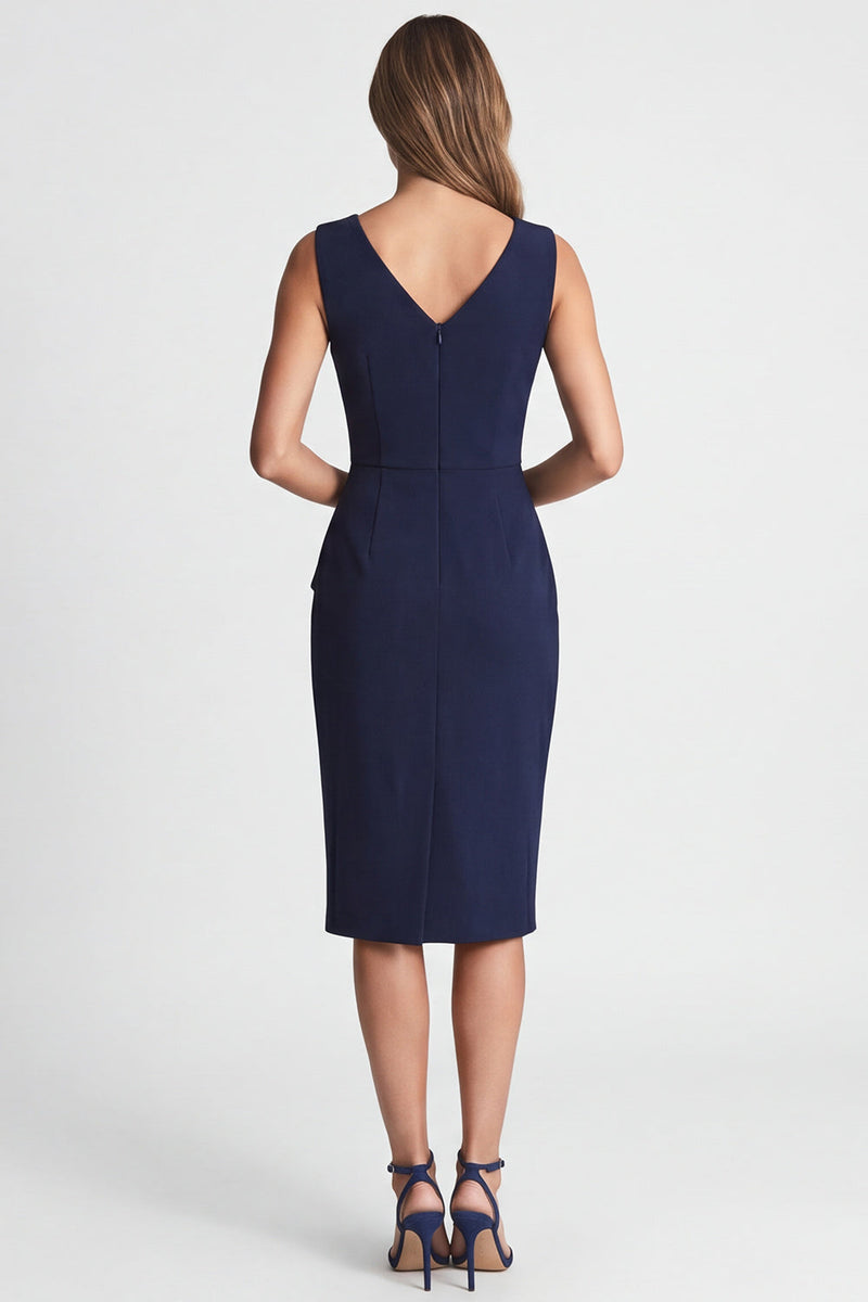 Load image into Gallery viewer, Navy Ruched V-Neck Pencil Midi Work Dress with Slit