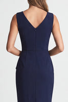Load image into Gallery viewer, Navy Ruched V-Neck Pencil Midi Work Dress with Slit