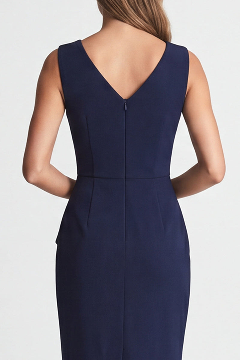 Load image into Gallery viewer, Navy Ruched V-Neck Pencil Midi Work Dress with Slit