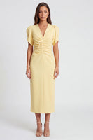 Load image into Gallery viewer, Ruched Light Yellow V-Neck Pencil Long Work Dress