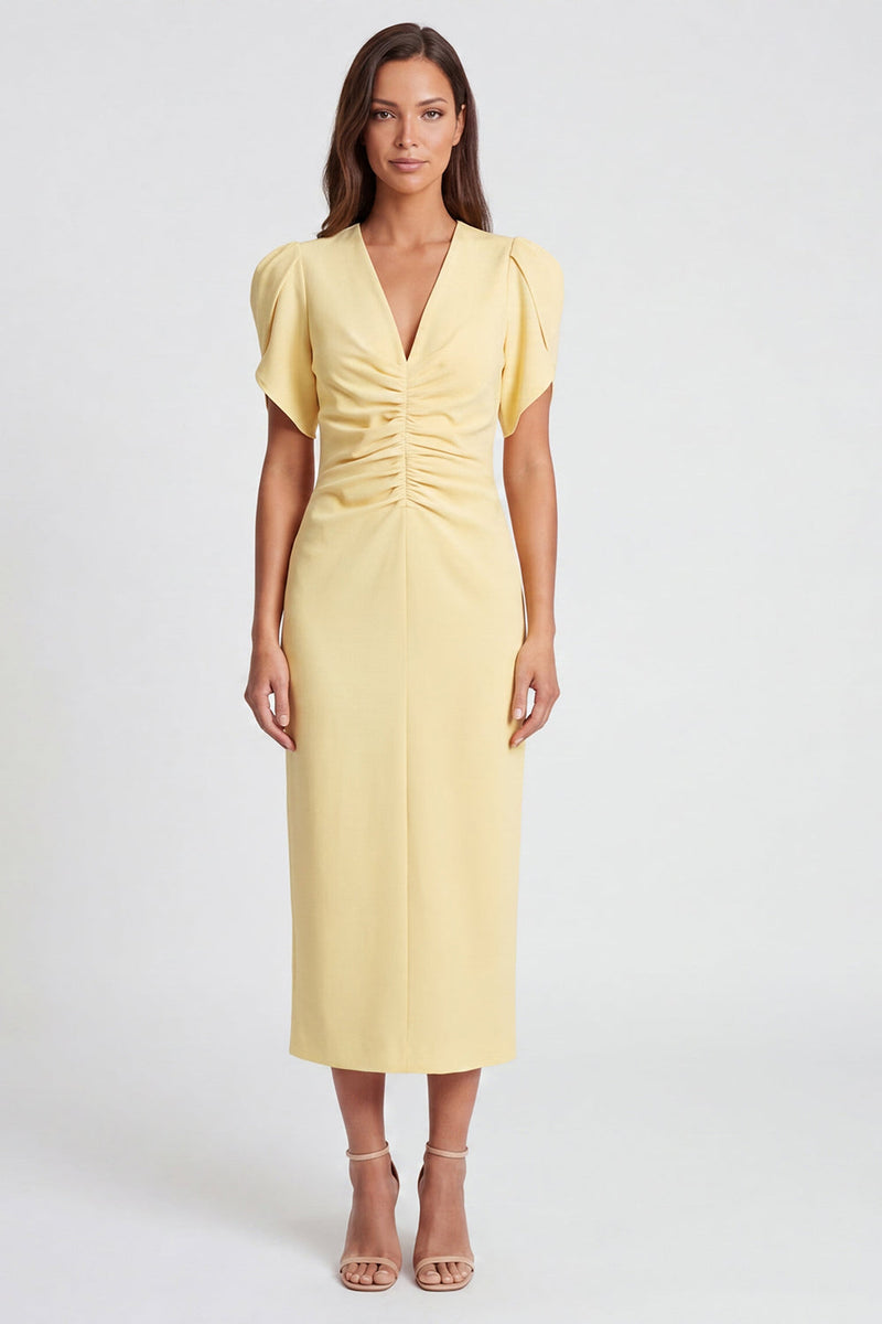 Load image into Gallery viewer, Ruched Light Yellow V-Neck Pencil Long Work Dress