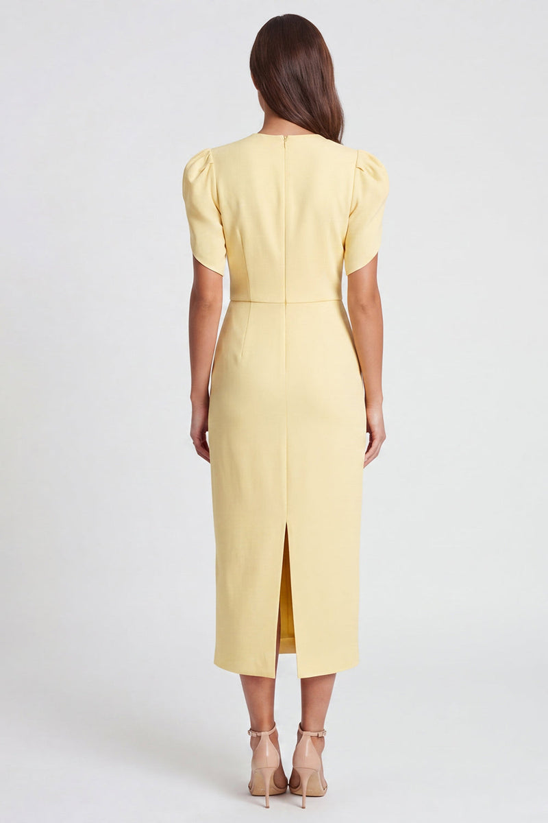 Load image into Gallery viewer, Ruched Light Yellow V-Neck Pencil Long Work Dress