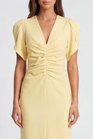 Load image into Gallery viewer, Ruched Light Yellow V-Neck Pencil Long Work Dress